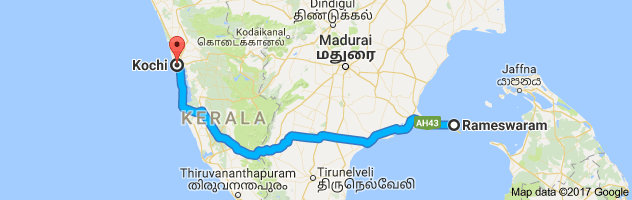 Rameshwaram to Cochin route, distance, time and road conditions