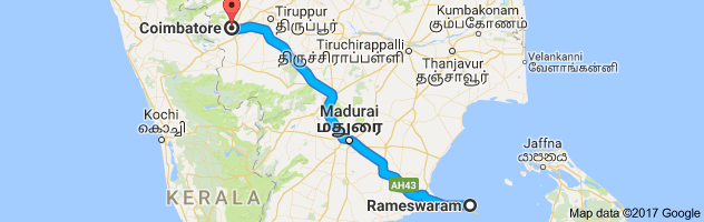 Rameshwaram   to Coimbatore route, distance, time and road conditions