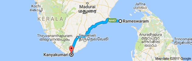 Rameshwaram to Kanyakumari  route, distance, time and road conditions