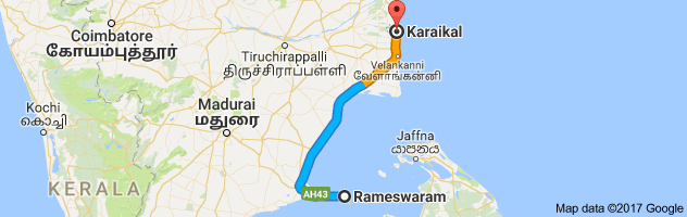 Rameshwaram   to Karaikal  route, distance, time and road conditions