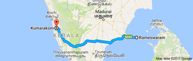 Rameshwaram to Kumarakom  route, distance, time and road conditions