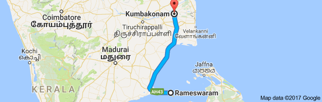 Rameshwaram   to Kumbakonam   route, distance, time and road conditions