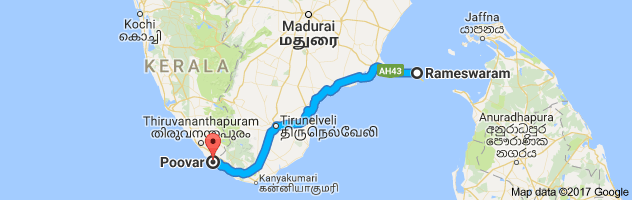 Rameshwaram to Poovar route, distance, time and road conditions