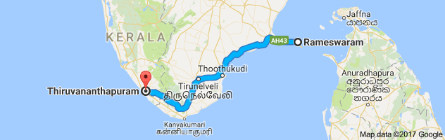 Rameshwaram   to Trivandrum route, distance, time and road conditions