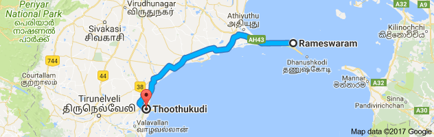 Rameshwaram   to Tuticorin  route, distance, time and road conditions