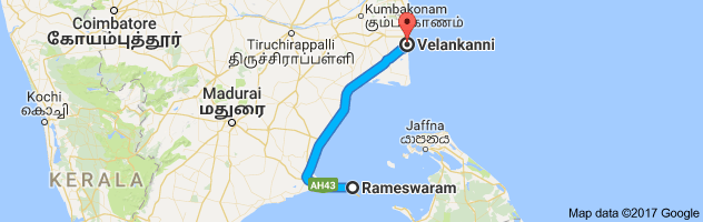 Rameshwaram   to Velankanni route, distance, time and road conditions