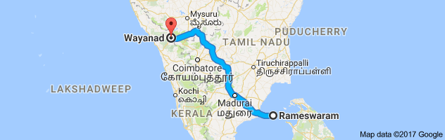 Rameshwaram   to Wayanad    route, distance, time and road conditions