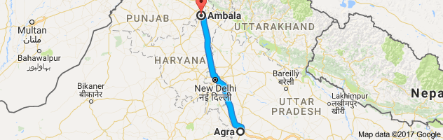 Agra to Ambala route, distance, time and road conditions