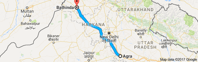 Agra to Bhatinda route, distance, time and road conditions