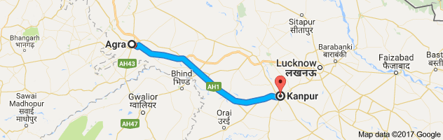 Agra to Kanpur route, distance, time and road conditions