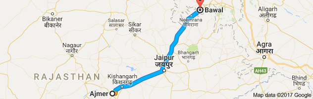 Ajmer to Bawal route, distance, time and road conditions