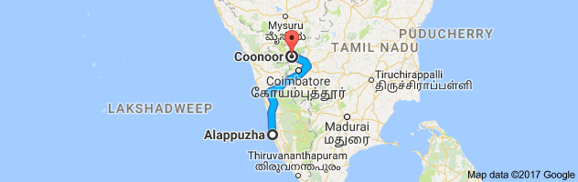 Alappuzha to Coonoor route, distance, time and road conditions