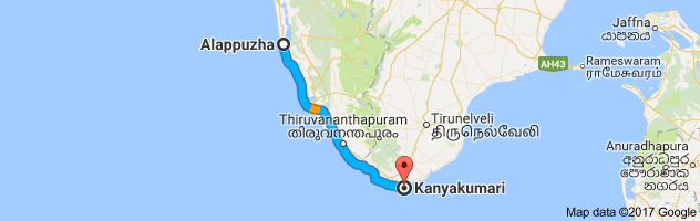 Alappuzha to Kanyakumari route, distance, time and road conditions