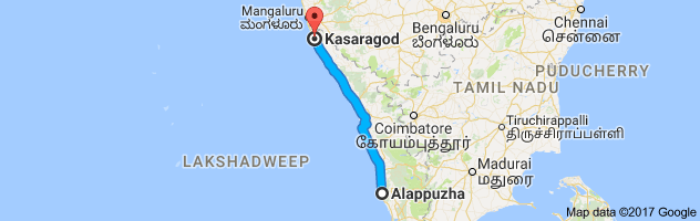 Alappuzha to Kasargod route, distance, time and road conditions