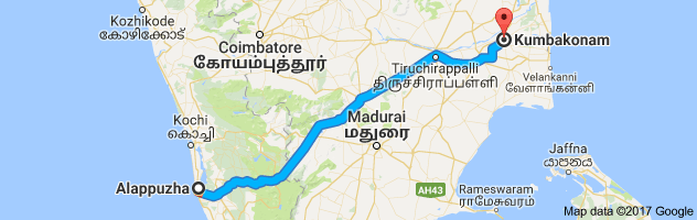 Alappuzha to Kumbakonam route, distance, time and road conditions