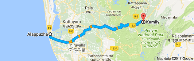 Alappuzha to Kumily route, distance, time and road conditions