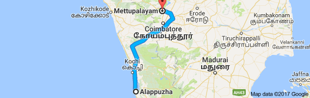 Alappuzha to Mettupalayam route, distance, time and road conditions