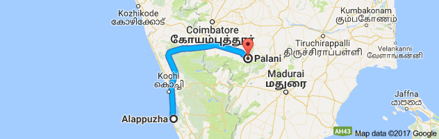 Alappuzha to Palani route, distance, time and road conditions