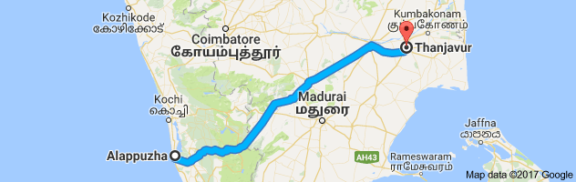 Alappuzha to Thanjavur route, distance, time and road conditions