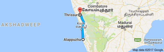 Alappuzha to Thrissur route, distance, time and road conditions