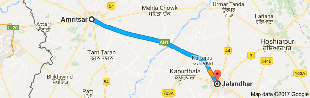 Amritsar to Jalandhar route, distance, time and road conditions