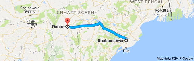 Bhubaneswar to Raipur route, distance, time and road conditions