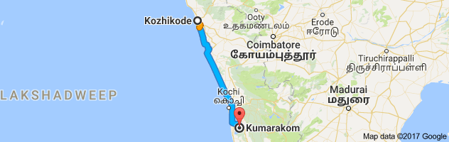 Calicut to Kumarakom route, distance, time and road conditions