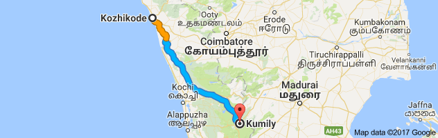 Calicut to Kumily route, distance, time and road conditions