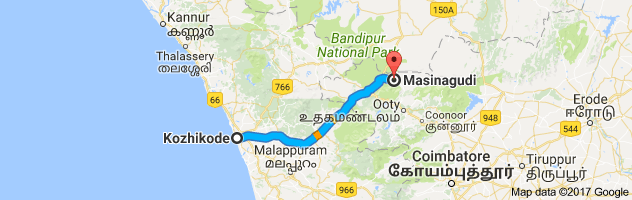 Calicut to Masinagudi route, distance, time and road conditions