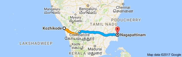 Calicut to Nagapattinam route, distance, time and road conditions