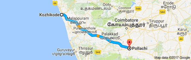 Calicut to Pollachi route, distance, time and road conditions