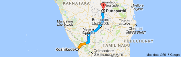 Calicut to Puttaparthi route, distance, time and road conditions