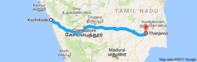 Calicut to Thanjavur route, distance, time and road conditions