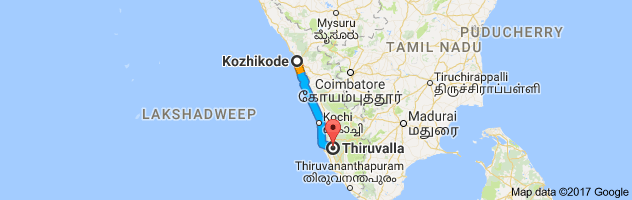 Calicut to Thiruvalla route, distance, time and road conditions