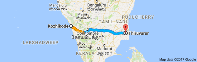 Calicut to Thiruvarur route, distance, time and road conditions