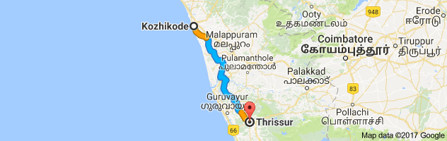 Calicut to Thrissur route, distance, time and road conditions