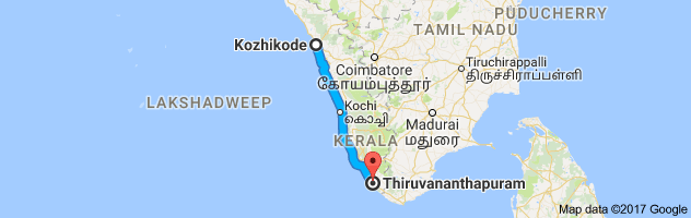 Calicut to Trivandrum route, distance, time and road conditions