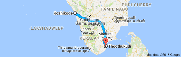 Calicut to Tuticorin route, distance, time and road conditions