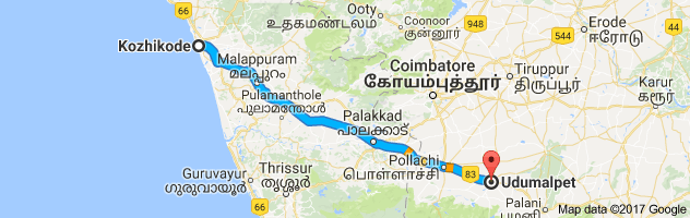 Calicut to Udumalpet route, distance, time and road conditions