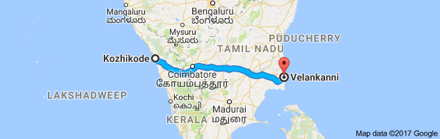 Calicut to Velankanni route, distance, time and road conditions