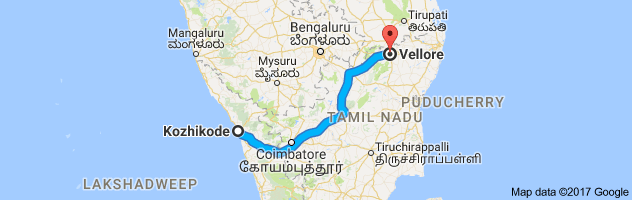 Calicut to Vellore route, distance, time and road conditions