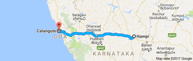 Hampi to Calangute route, distance, time and road conditions