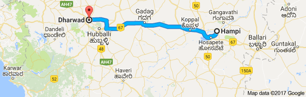 Hampi to Dharwad route, distance, time and road conditions