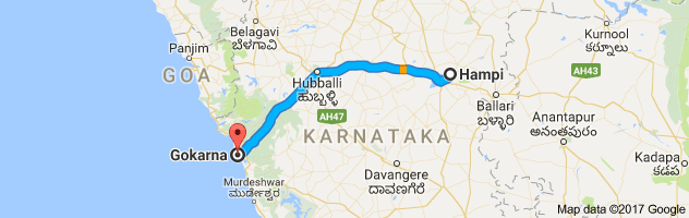 Hampi to Gokarna route, distance, time and road conditions