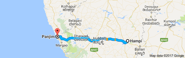 Hampi to Panaji route, distance, time and road conditions