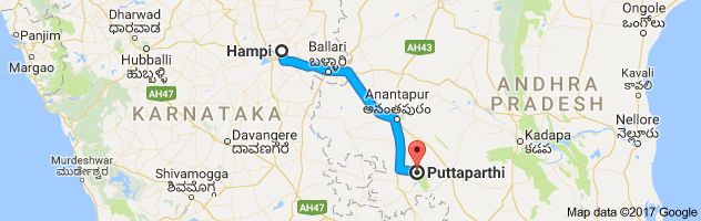 Hampi to Puttaparthi route, distance, time and road conditions