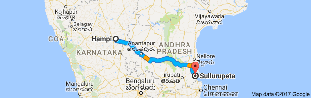 Hampi to Sullurpeta route, distance, time and road conditions