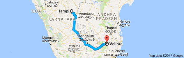 Hampi to Vellore route, distance, time and road conditions