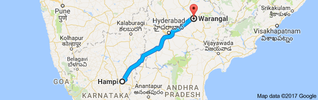 Hampi to Warangal route, distance, time and road conditions