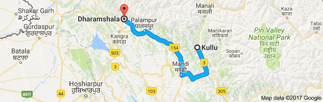 Kullu to Dharamshala route, distance, time and road conditions